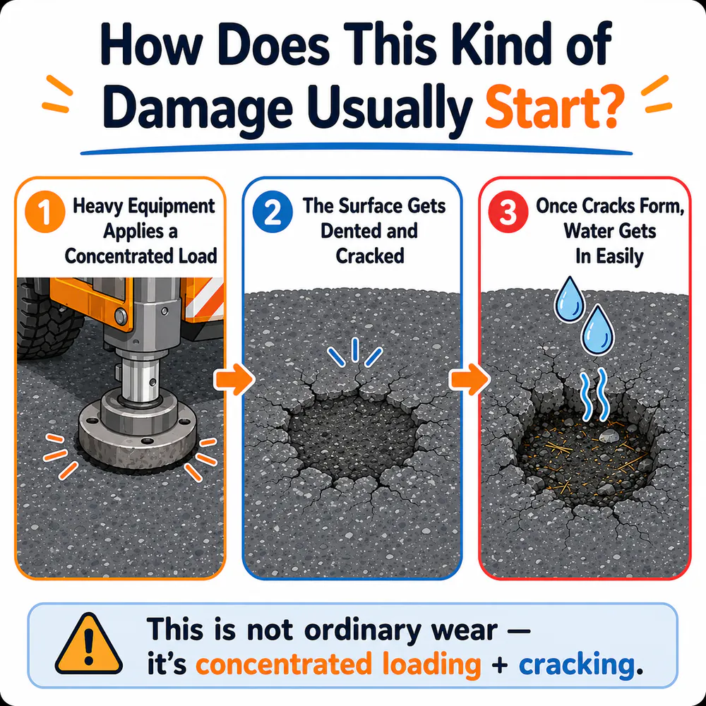 Three-step diagram of concentrated equipment loading, a dented asphalt surface, and water entering cracks